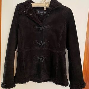 Kenneth Cole REACTION Black Suede Leather Hooded Sherpa Winter Jacket - M